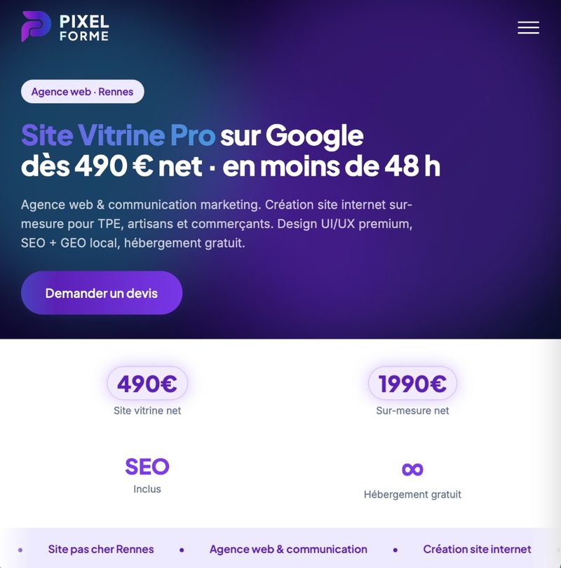 Exemple de site internet créé par Pixel Forme, agence web à Rennes